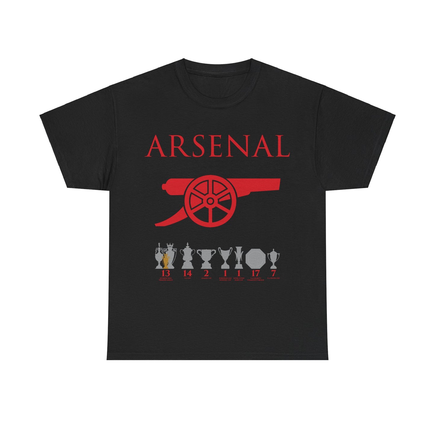 Arsenal Cannon & Trophies Unisex Heavy Cotton T-Shirt - Red/White/Black/Gold/Royal