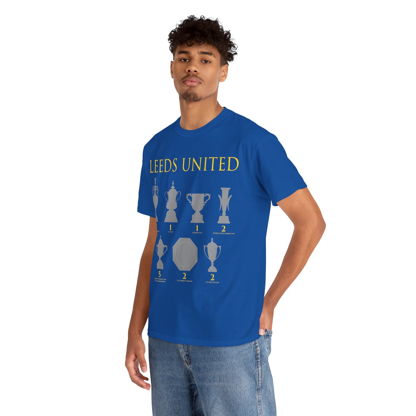 Leeds United Trophies Unisex Heavy Cotton T-Shirt - White/Black/Gold/Royal/Navy