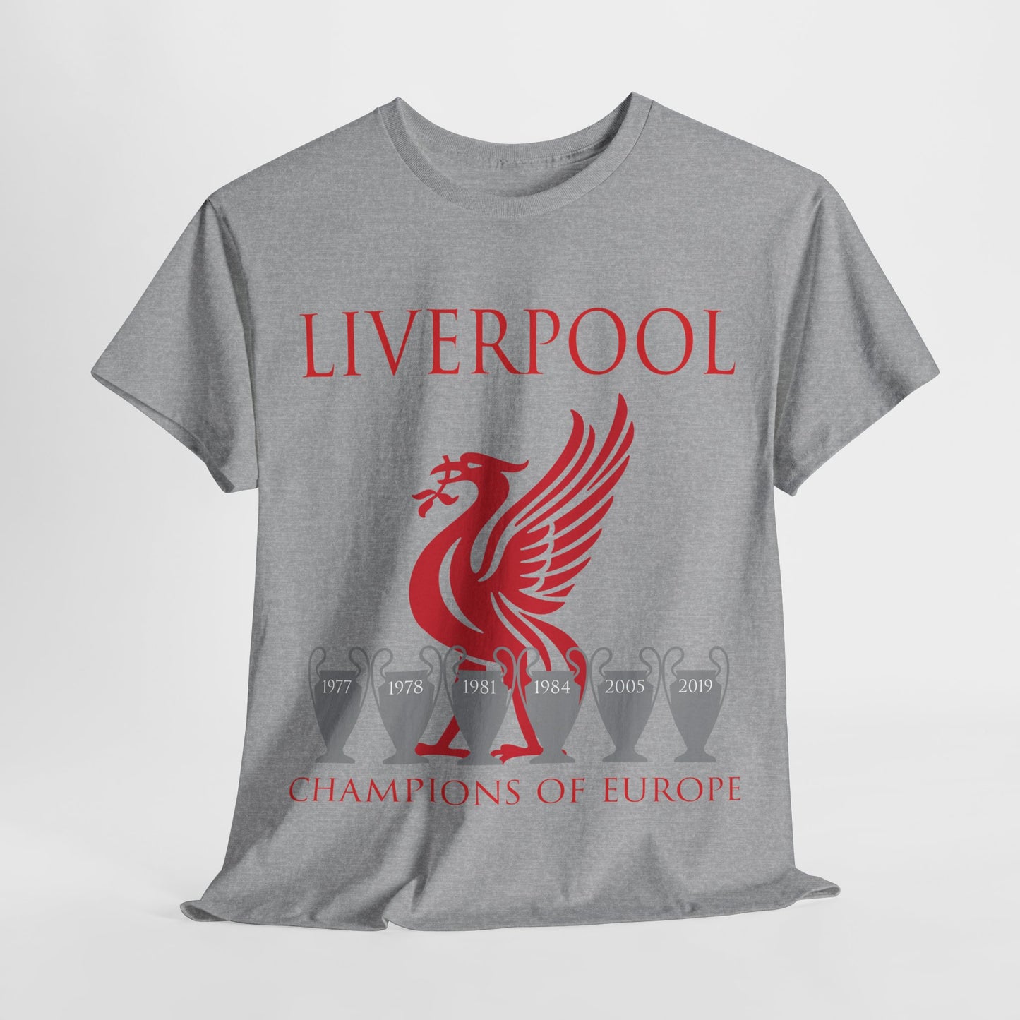 Liverpool Champions of Europe Unisex Heavy Cotton T-Shirt - Red/White/Black/Gold/Sport Grey/Charcoal