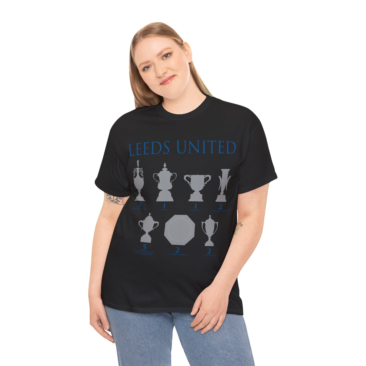 Leeds United Trophies Unisex Heavy Cotton T-Shirt - White/Black/Gold/Royal/Navy