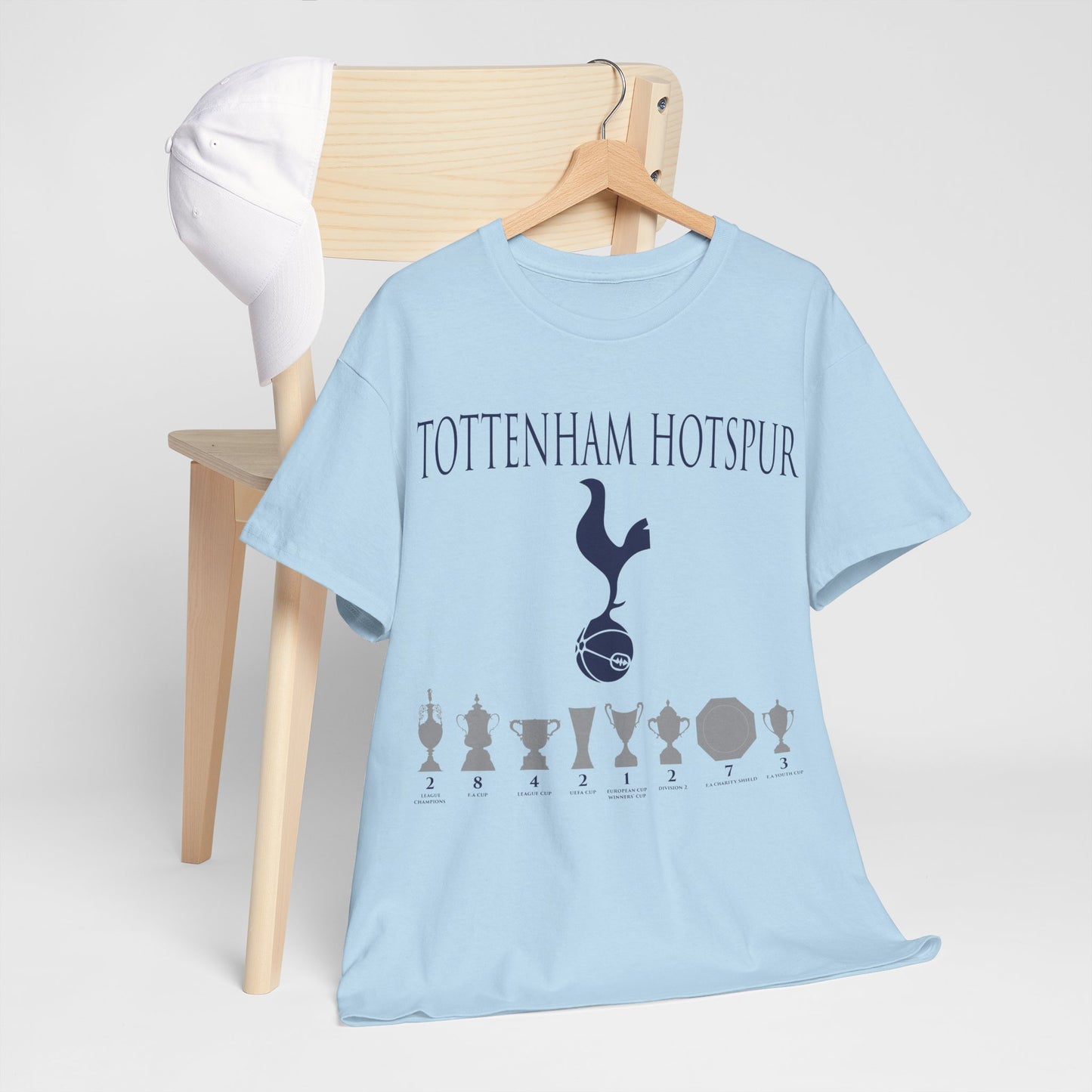 Tottenham Hotspur Cockerel & Trophies Unisex Heavy Cotton T-Shirt - Navy/White/Black/Gold/Light Blue/Royal