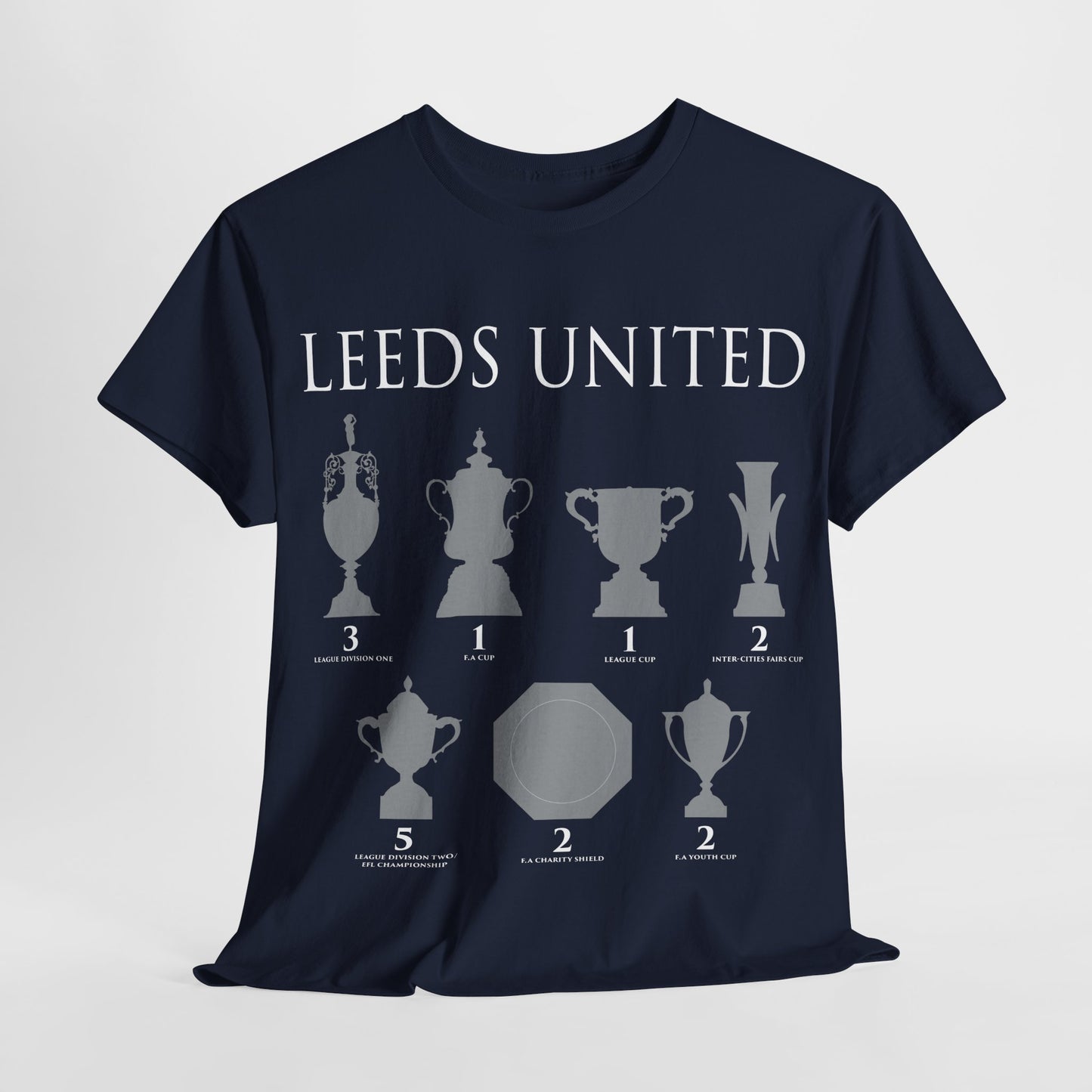 Leeds United Trophies Unisex Heavy Cotton T-Shirt - White/Black/Gold/Royal/Navy