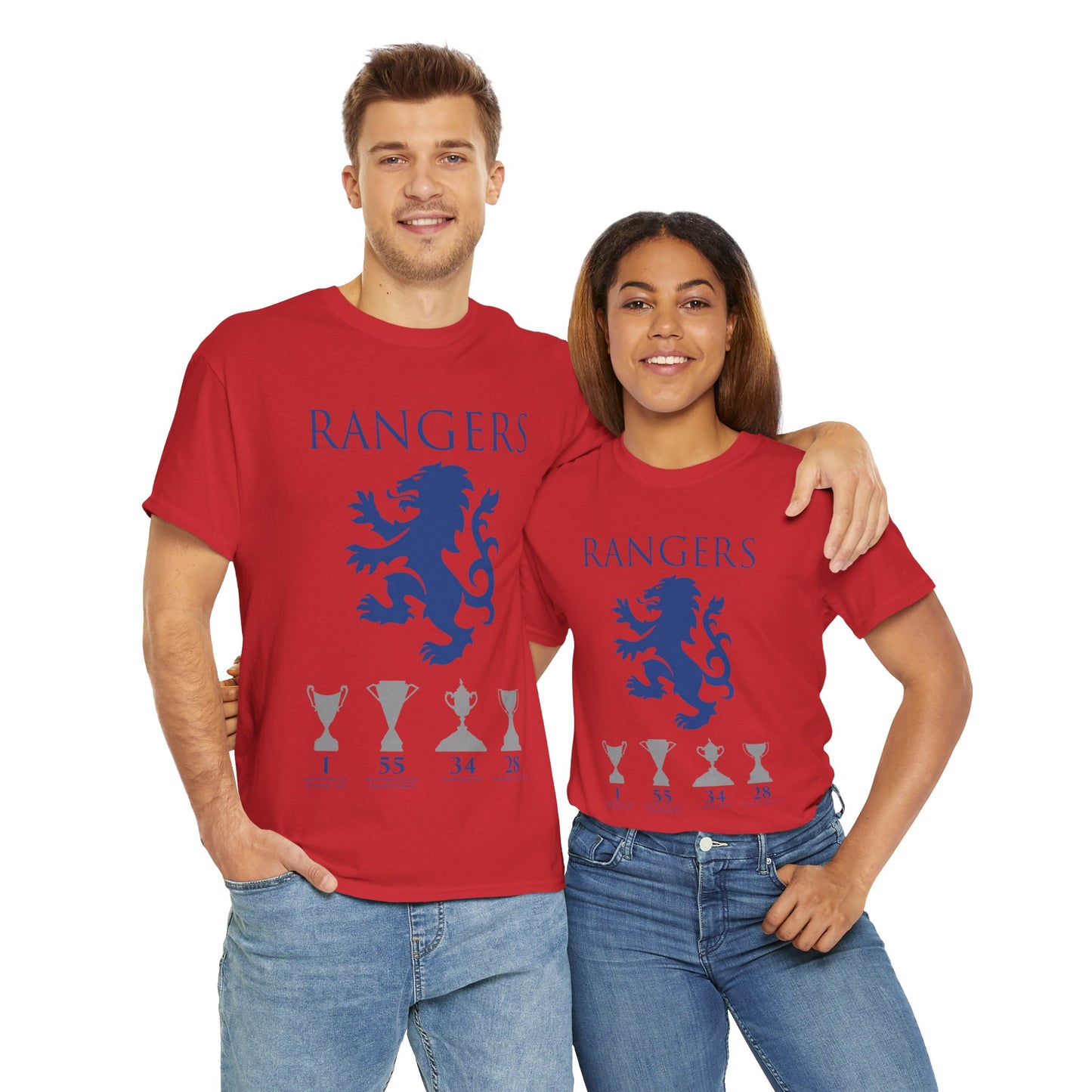 Rangers Lion & Trophies Unisex Heavy Cotton T-Shirt - Royal/White/Black/Sport Grey/Navy/Red