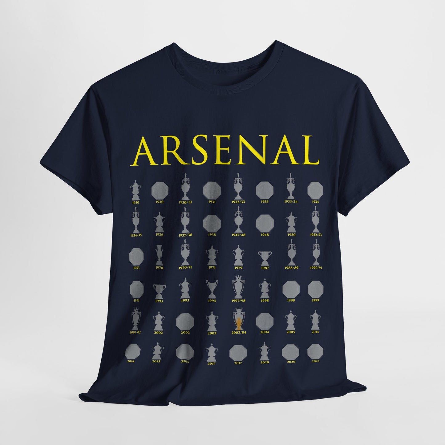 Arsenal Trophies Collection Unisex Heavy Cotton T-Shirt - Red/White/Black/Gold/Royal/Charcoal/Navy