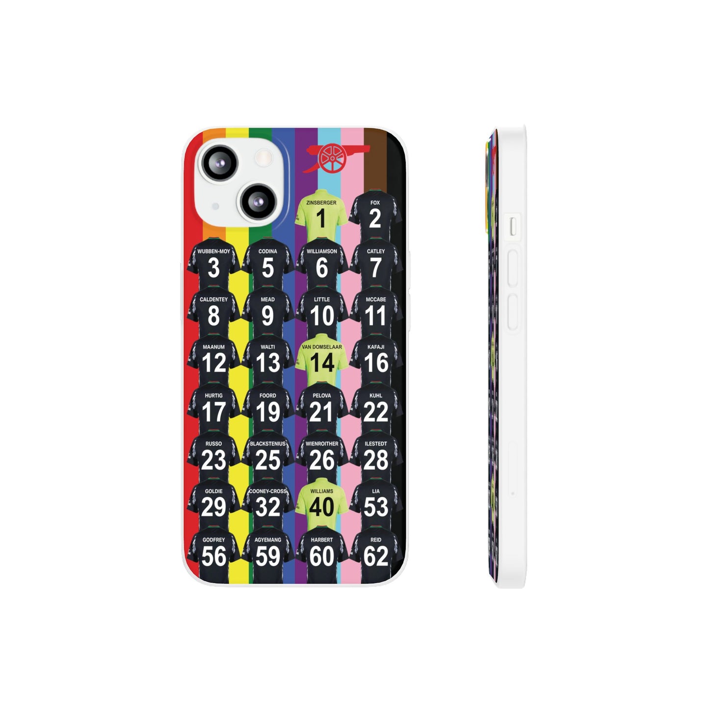 Arsenal Women Away Kit iPhone Flexi Case - iPhone 16, 15, 14, 13, 12, Mini/Plus/Pro/Pro Max - Rainbow