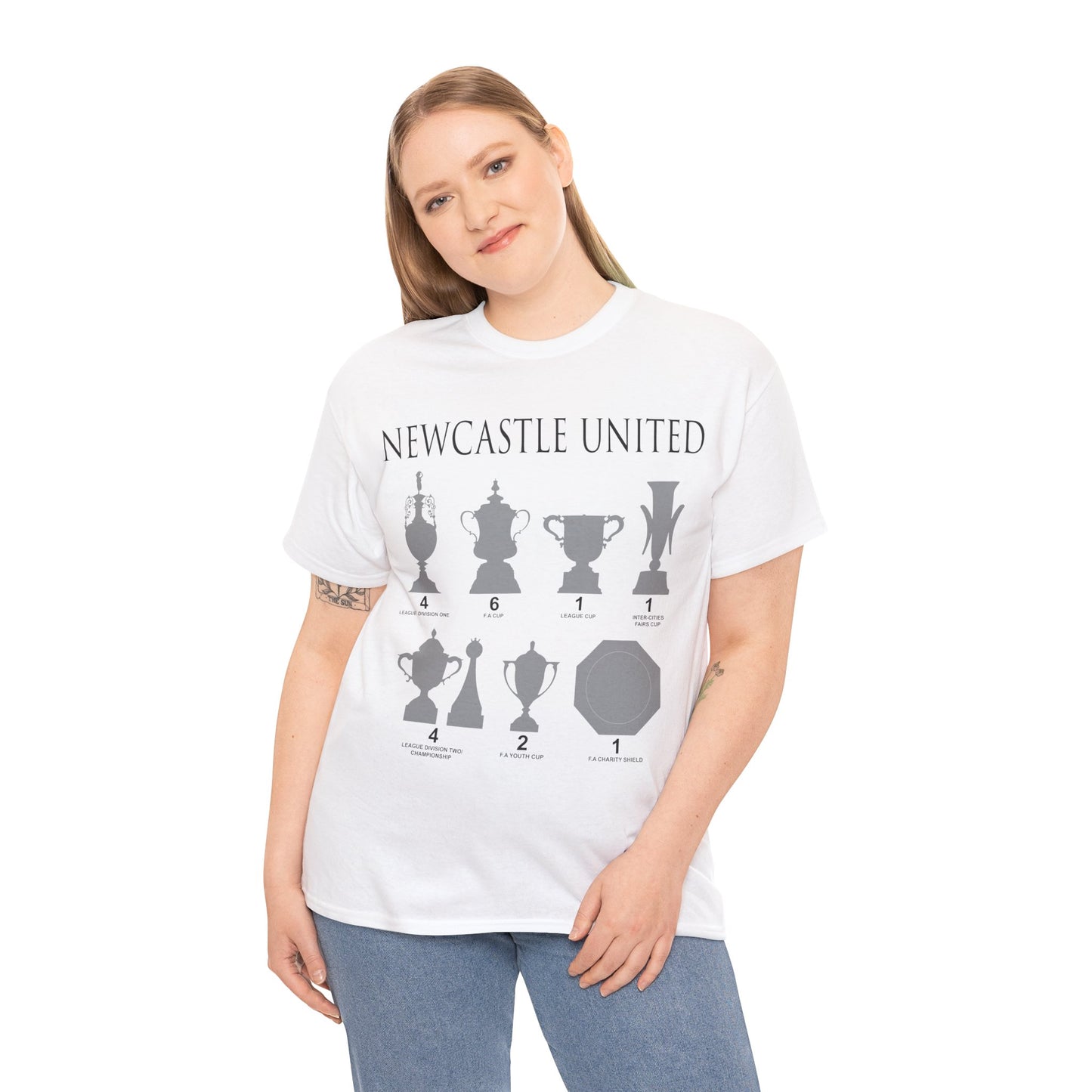 Newcastle United Trophies Unisex Heavy Cotton T-Shirt UPDATED - Black/White/Sport Grey/Charcoal