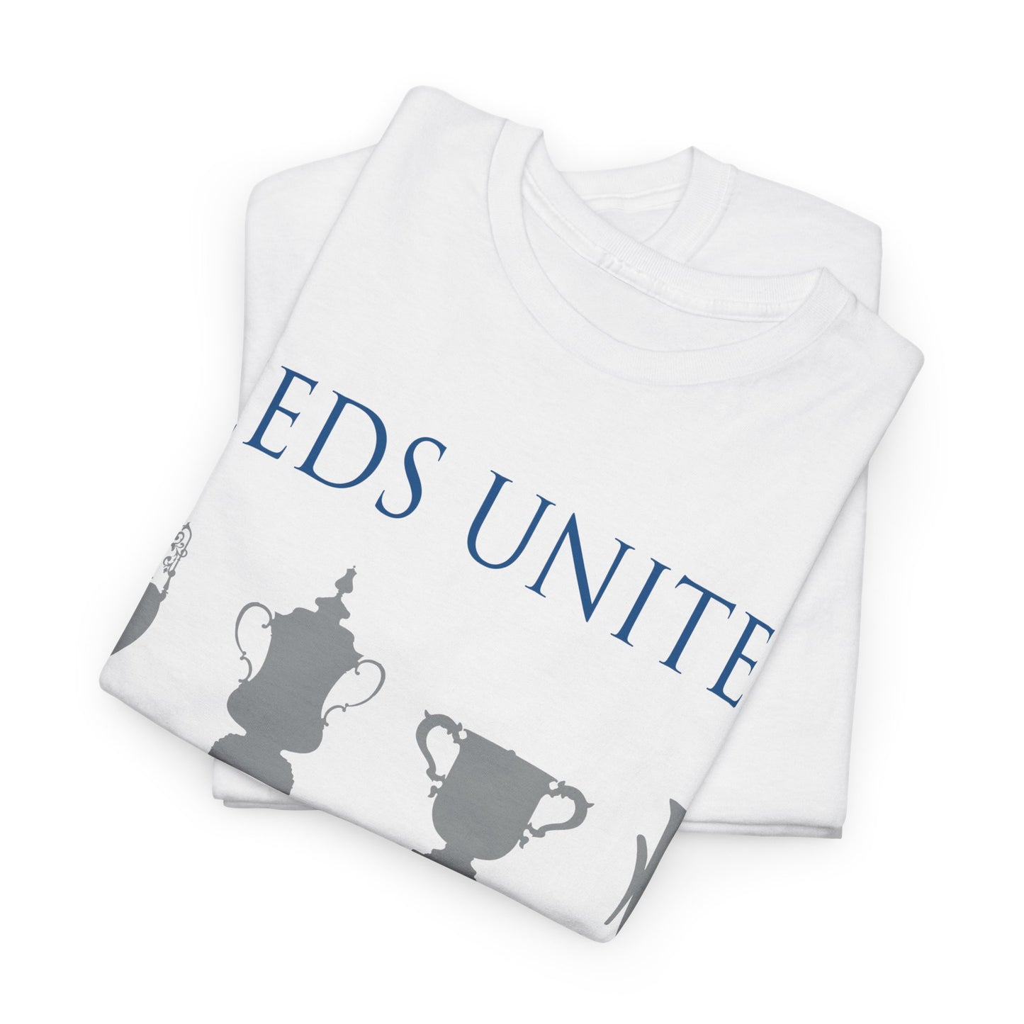 Leeds United Trophies Unisex Heavy Cotton T-Shirt - White/Black/Gold/Royal/Navy