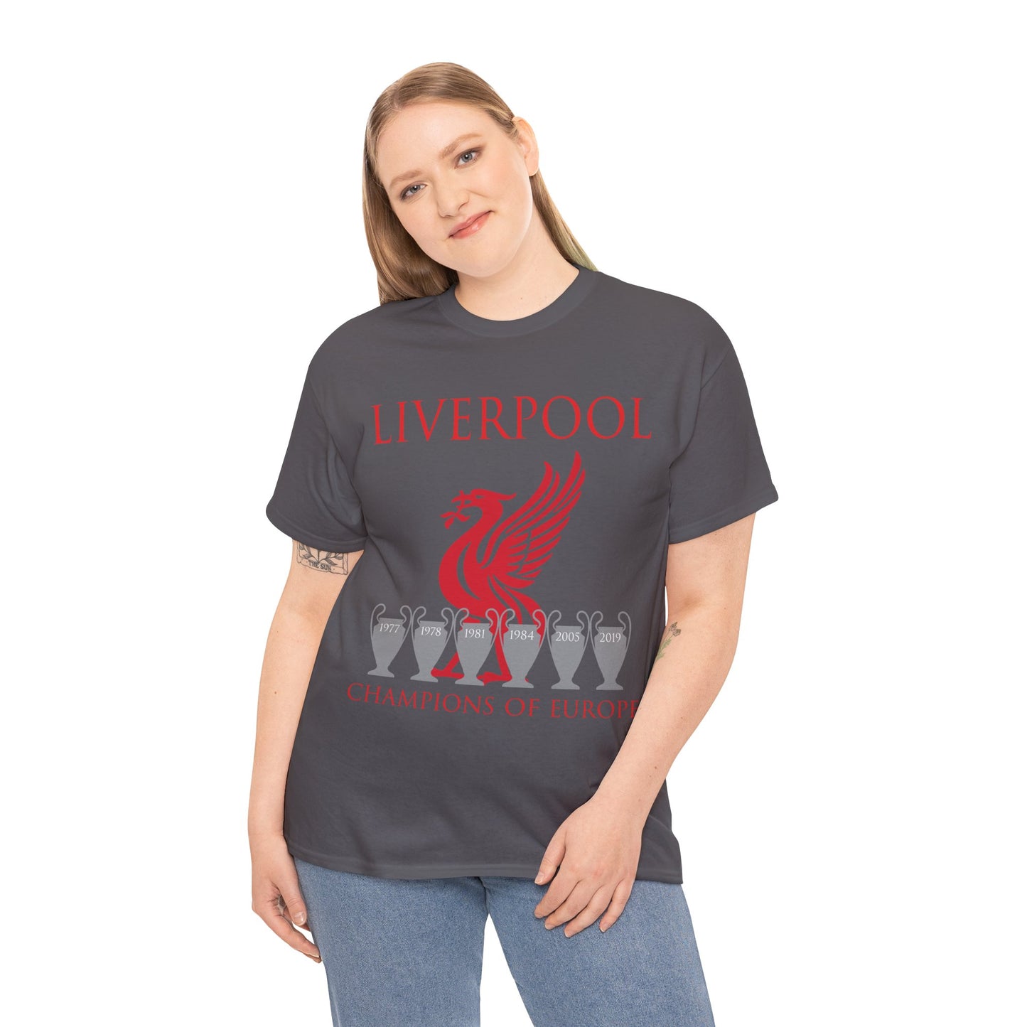Liverpool Champions of Europe Unisex Heavy Cotton T-Shirt - Red/White/Black/Gold/Sport Grey/Charcoal