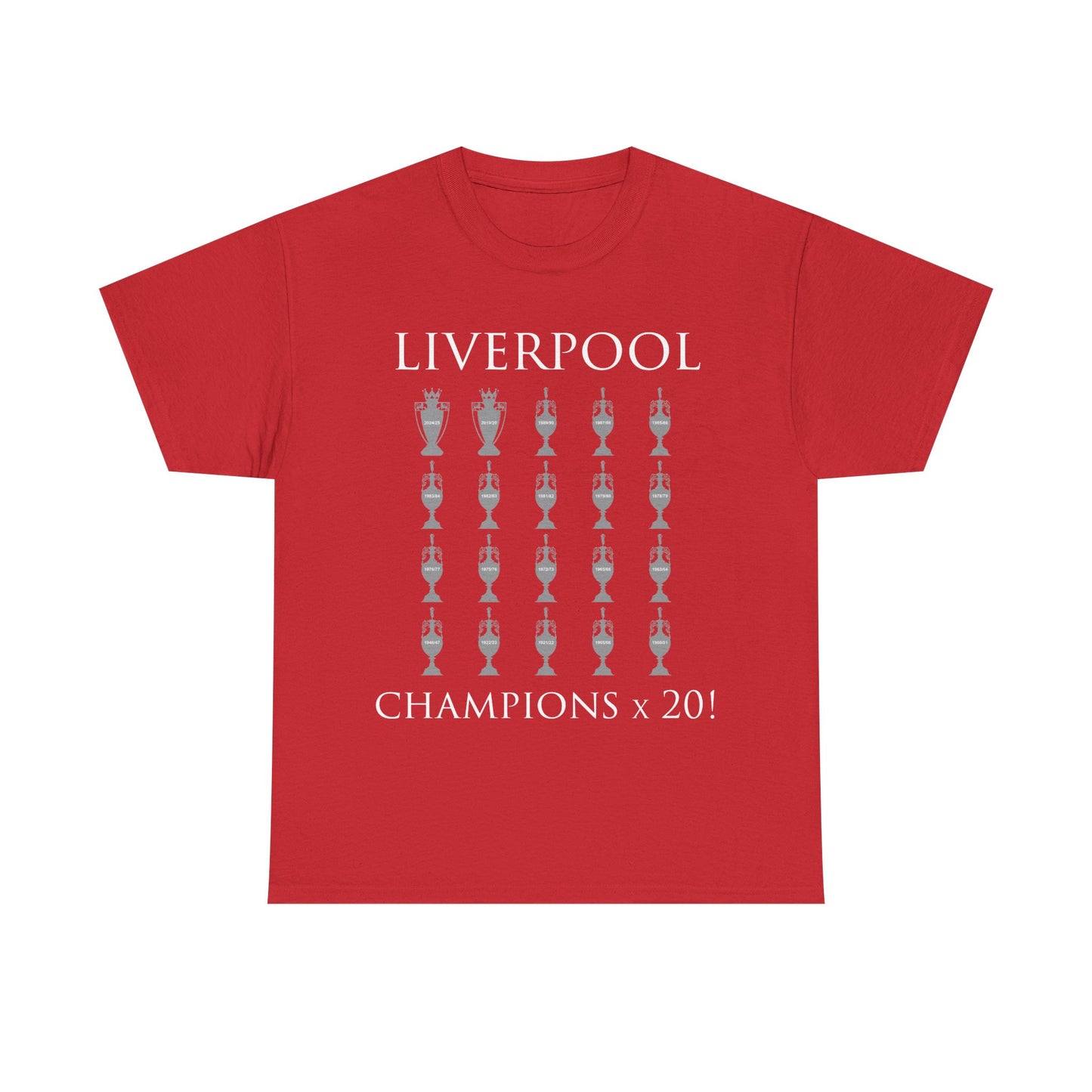 Liverpool 20 Champions Unisex Heavy Cotton T-Shirt - Red/White/Black/Charcoal/Gold