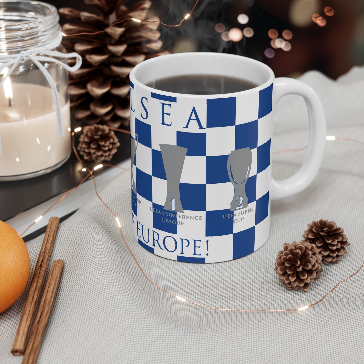 Chelsea Blue & White Chequered Kings of Europe Mug - Blue Header Text