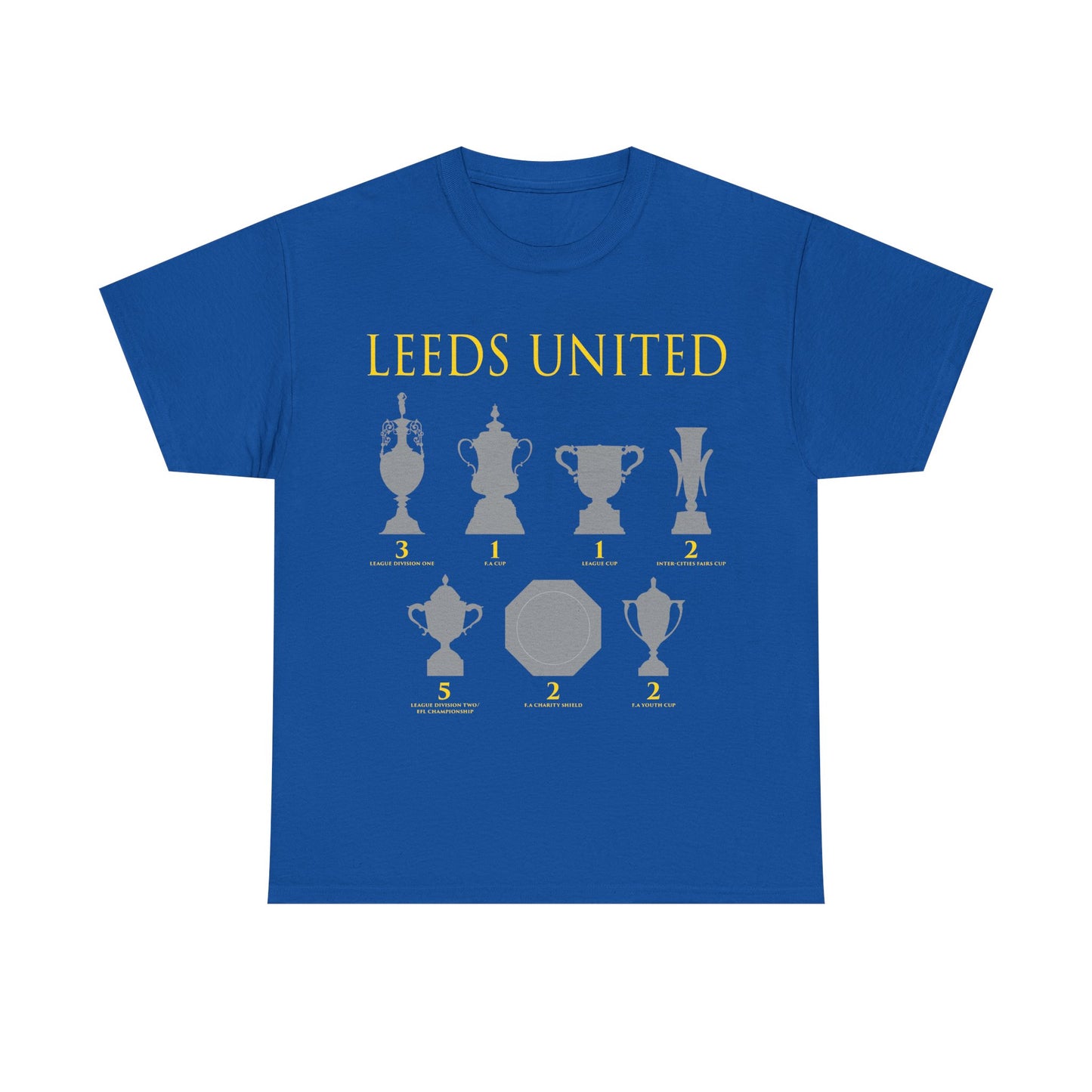 Leeds United Trophies Unisex Heavy Cotton T-Shirt - White/Black/Gold/Royal/Navy