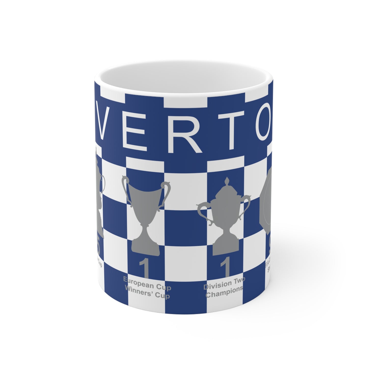 Everton Blue & White Chequered Trophies Mug - White Header Text