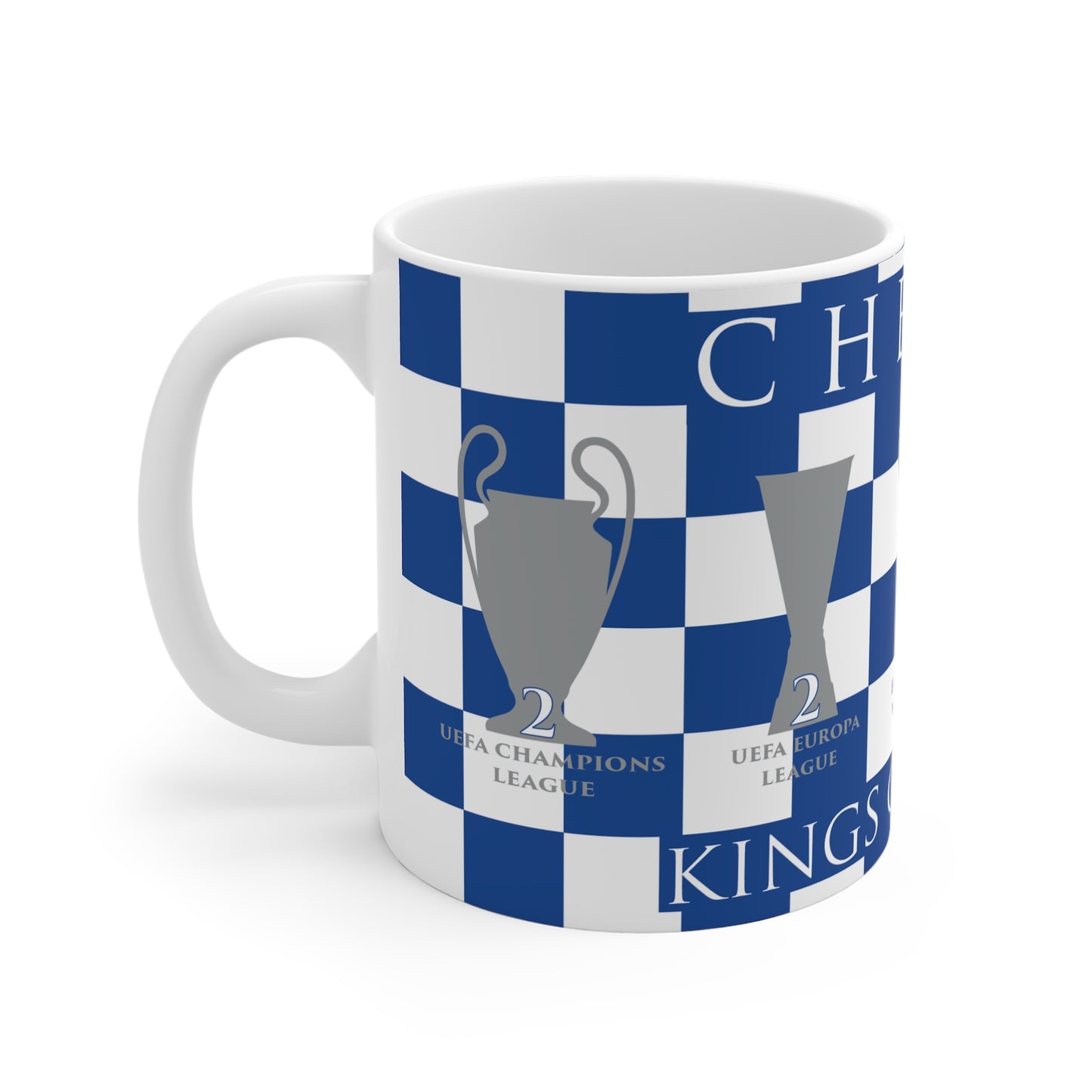 Chelsea Blue & White Chequered Kings Of Europe Mug - White Header Text