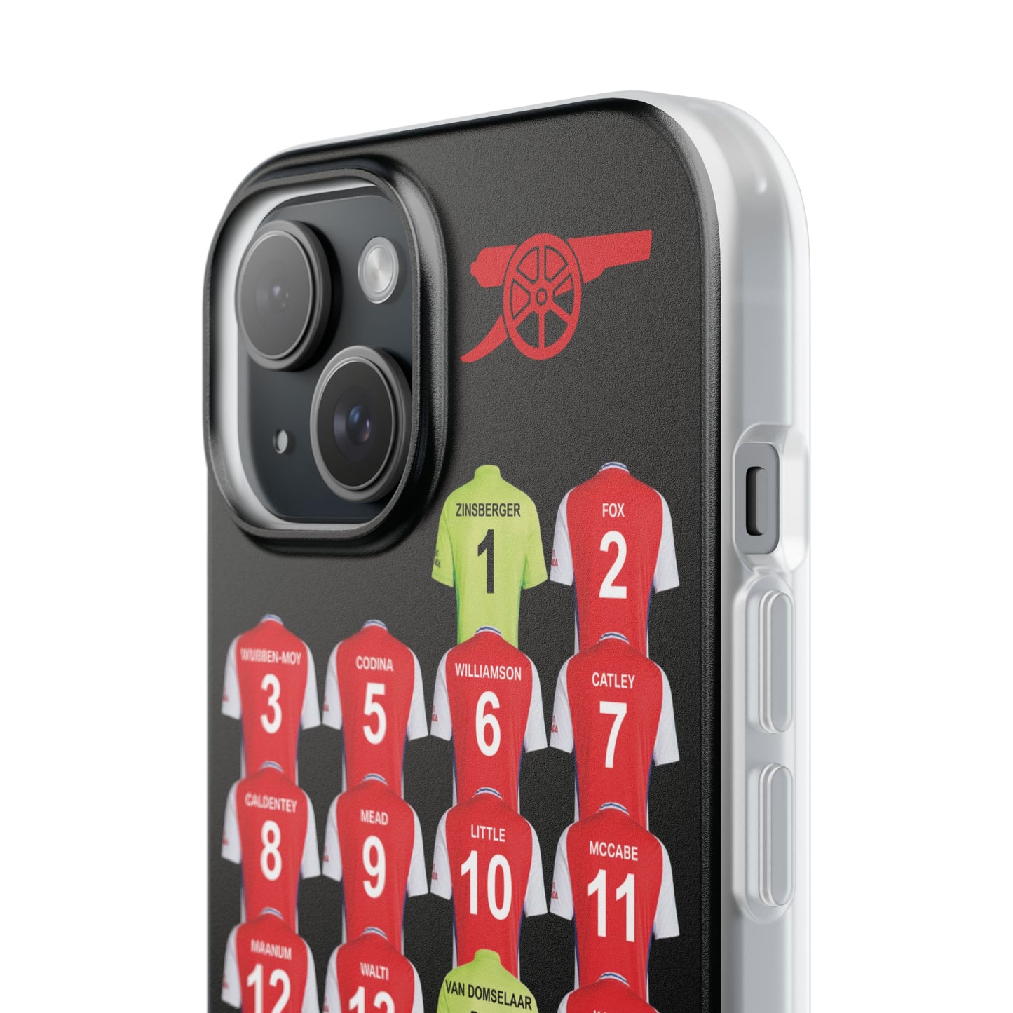 Arsenal Women Home Kit iPhone Flexi Case - iPhone 16, 15, 14, 13, 12, Mini/Plus/Pro/Pro Max - Black