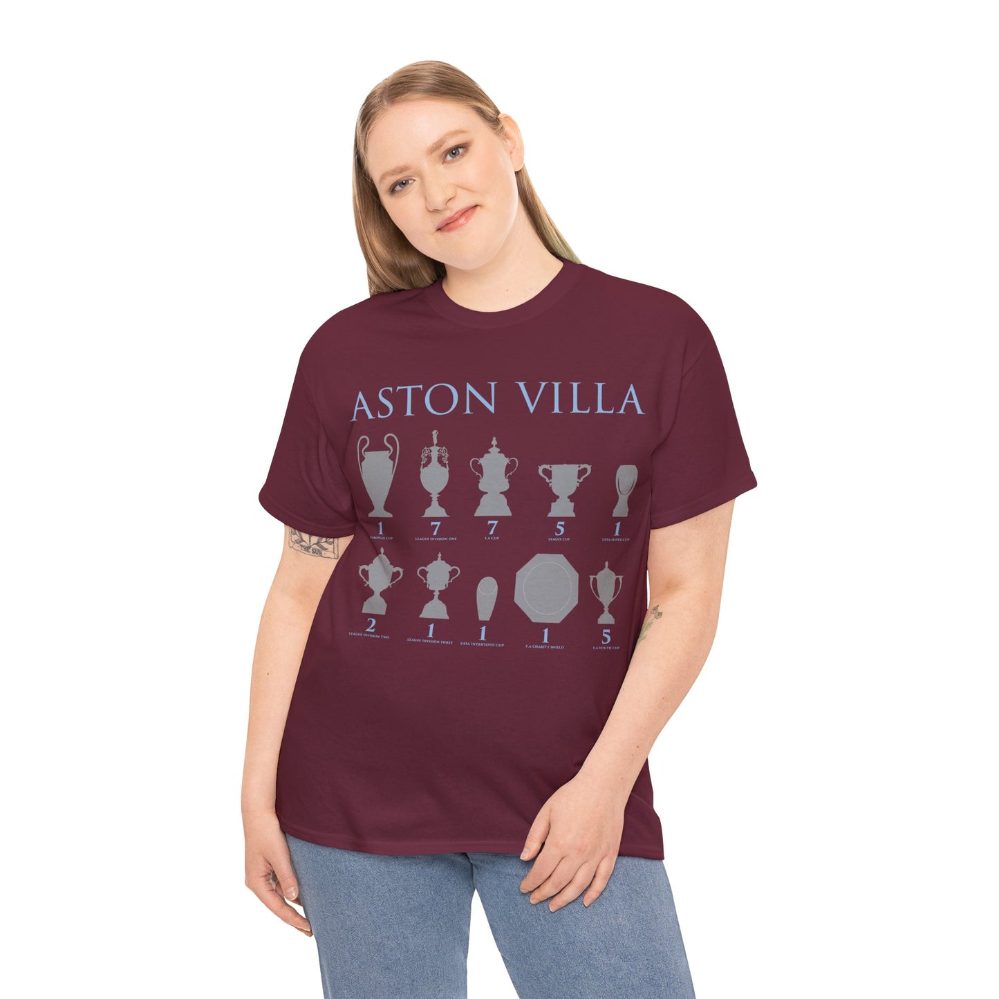 Aston Villa Trophies Unisex Heavy Cotton T-Shirt - Maroon/White/Light Blue
