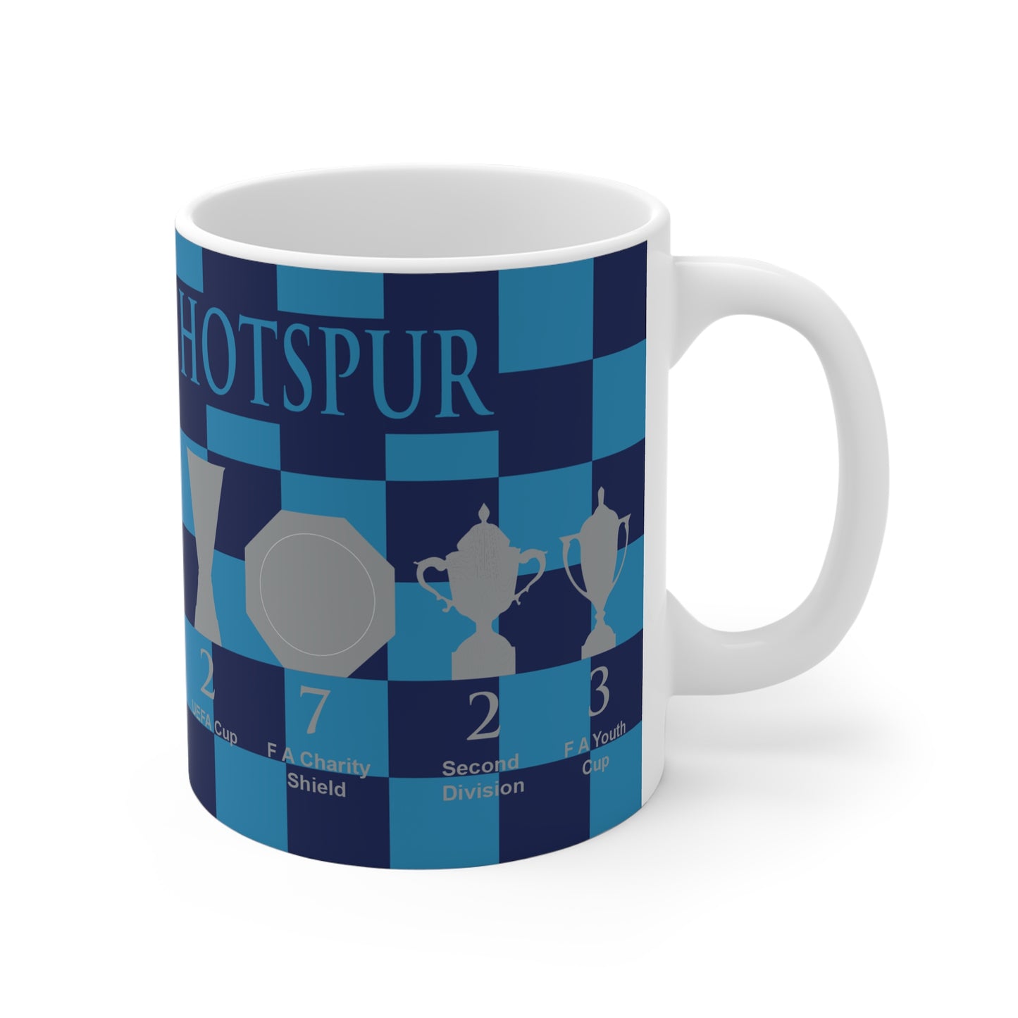 Tottenham Hotspur Blue & Cyan Chequered Trophies Mug - Cyan Header Text