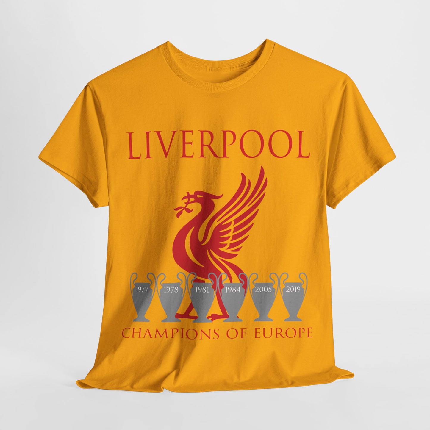 Liverpool Champions of Europe Unisex Heavy Cotton T-Shirt - Red/White/Black/Gold/Sport Grey/Charcoal