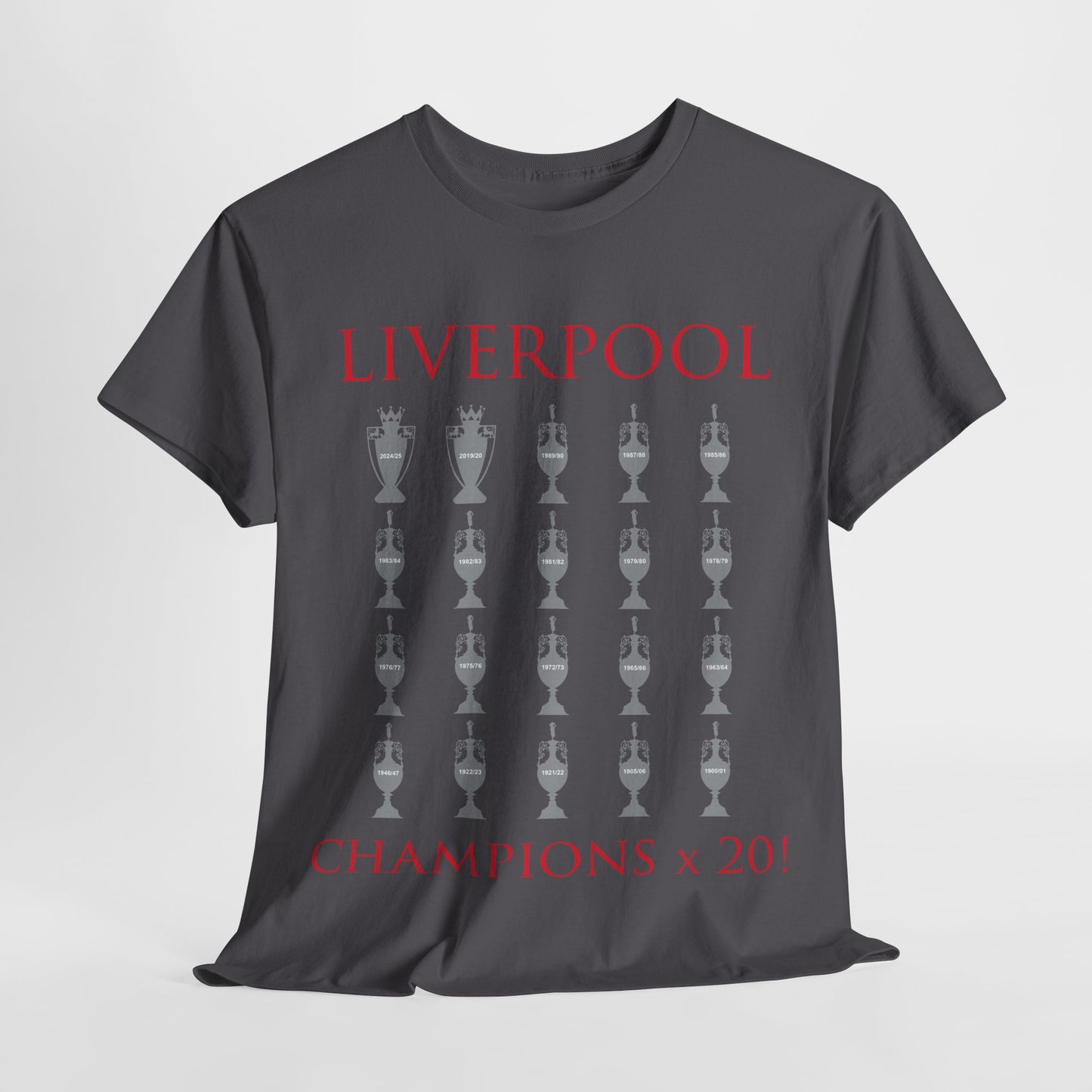 Liverpool 20 Champions Unisex Heavy Cotton T-Shirt - Red/White/Black/Charcoal/Gold