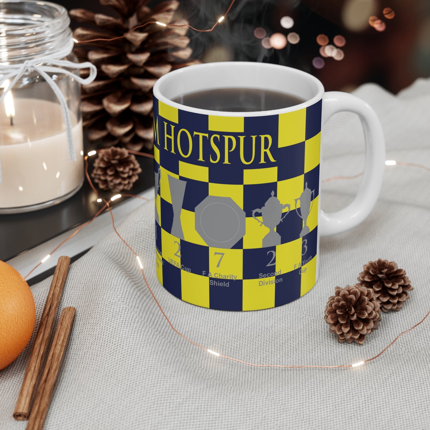 Tottenham Hotspur Blue & Yellow Chequered Trophies Mug - Yellow Header Text