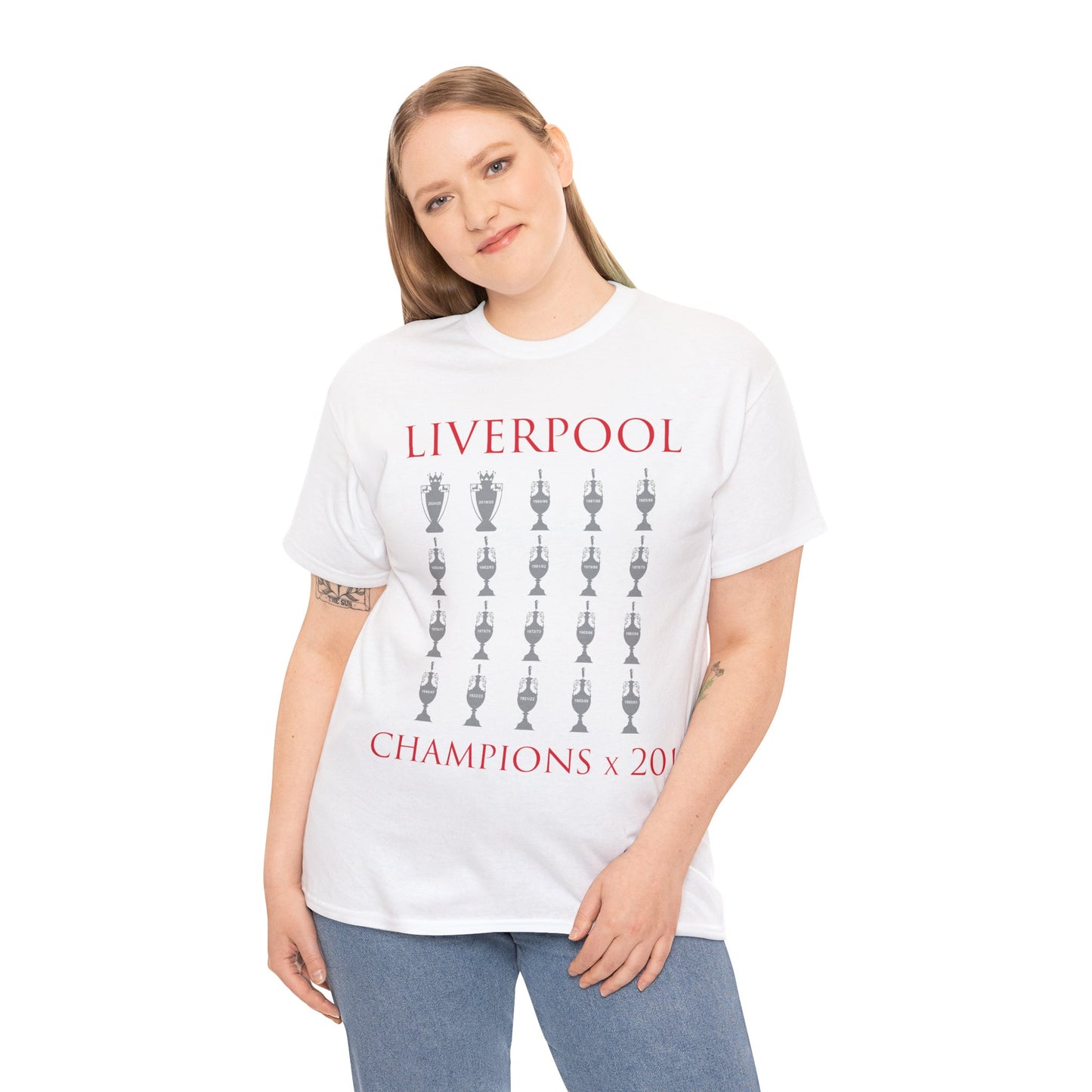 Liverpool 20 Champions Unisex Heavy Cotton T-Shirt - Red/White/Black/Charcoal/Gold