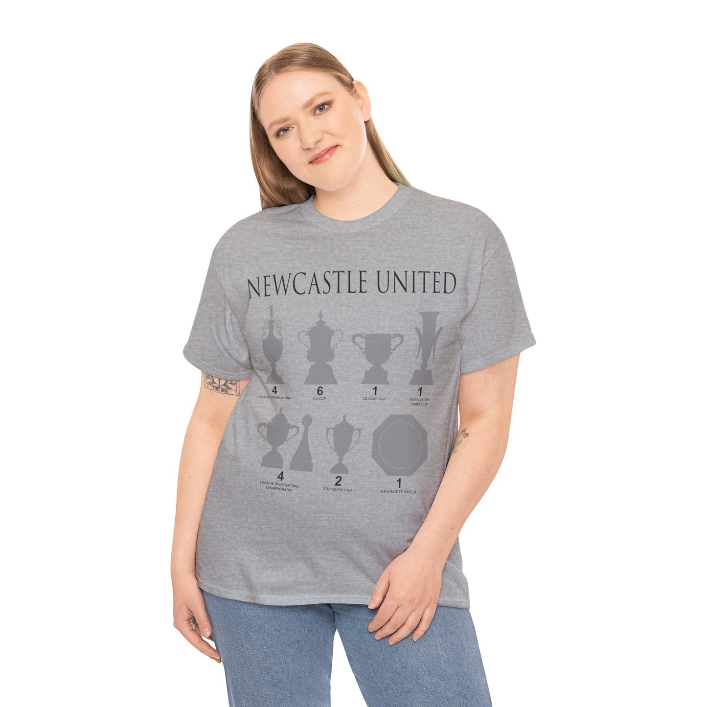 Newcastle United Trophies Unisex Heavy Cotton T-Shirt UPDATED - Black/White/Sport Grey/Charcoal