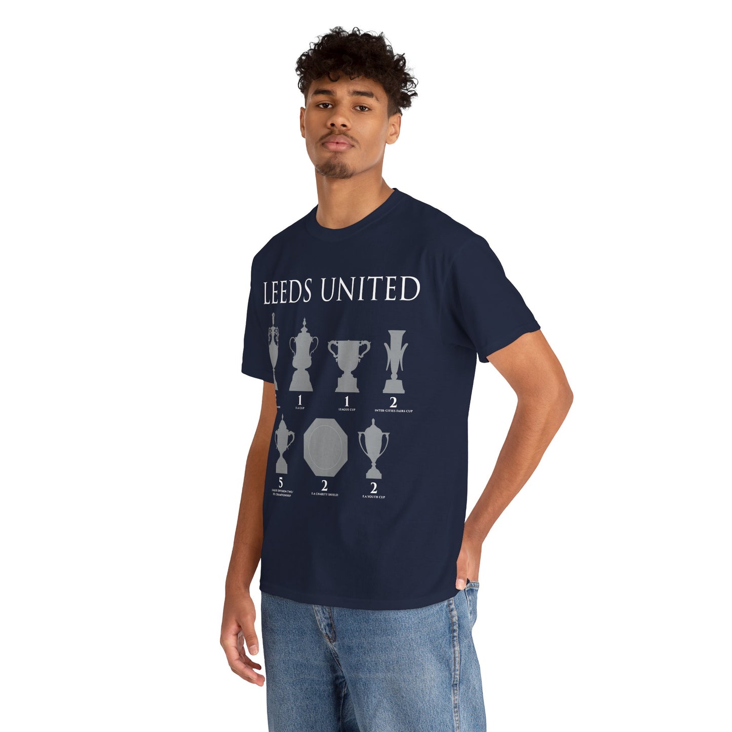 Leeds United Trophies Unisex Heavy Cotton T-Shirt - White/Black/Gold/Royal/Navy