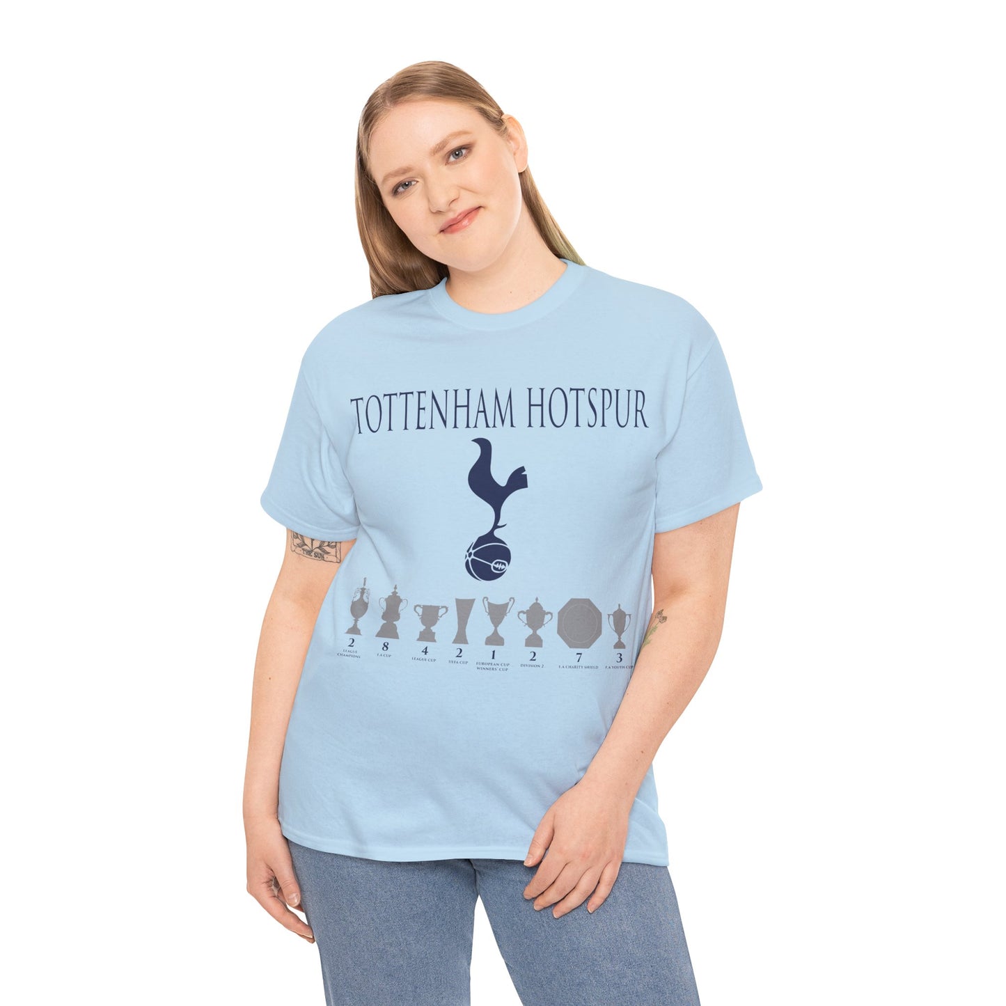 Tottenham Hotspur Cockerel & Trophies Unisex Heavy Cotton T-Shirt - Navy/White/Black/Gold/Light Blue/Royal