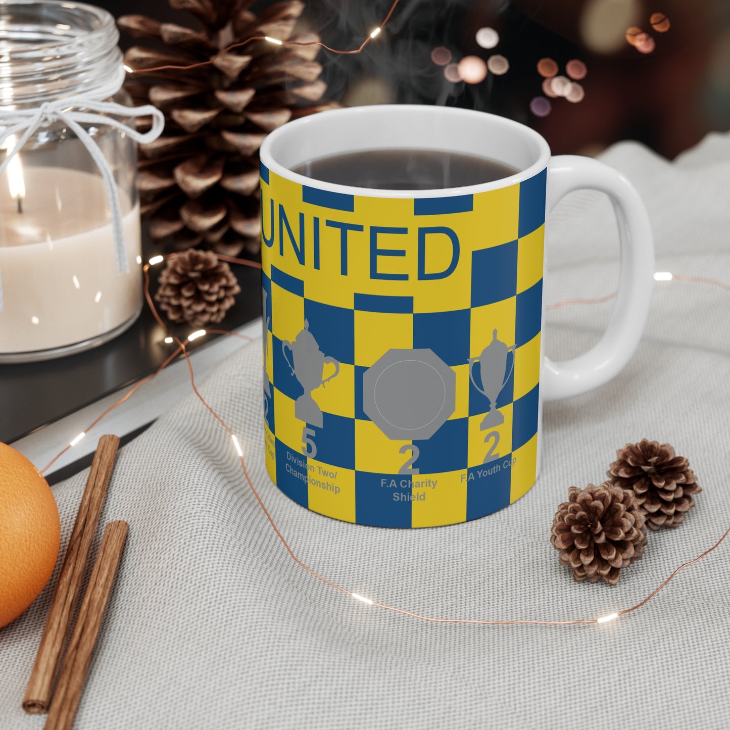 Leeds United Yellow & Blue Chequered Trophies Mug - Blue Text