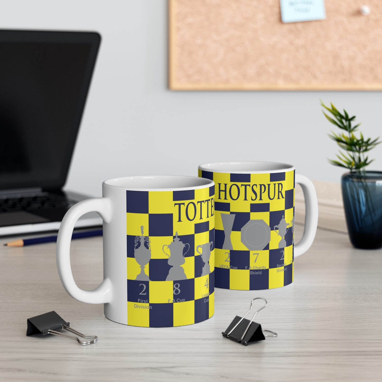 Tottenham Hotspur Blue & Yellow Chequered Trophies Mug - Blue Header Text