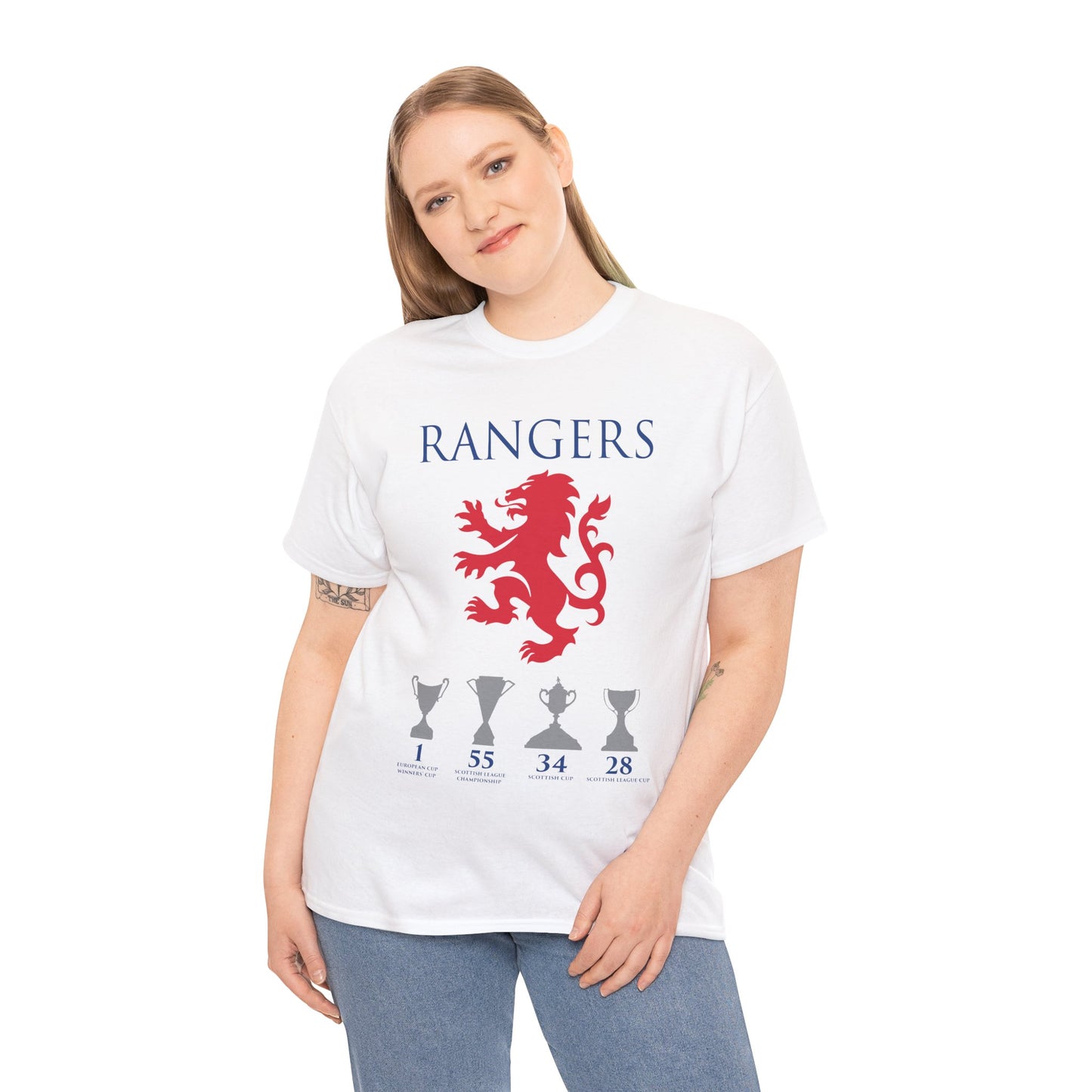 Rangers Lion & Trophies Unisex Heavy Cotton T-Shirt - Royal/White/Black/Sport Grey/Navy/Red