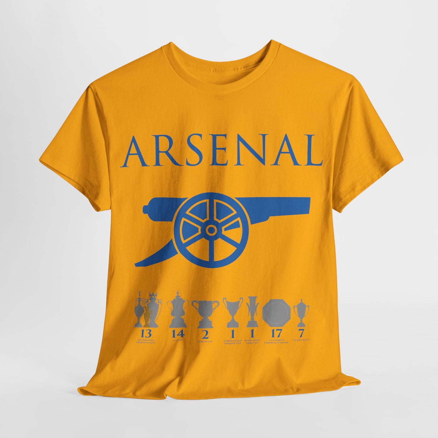 Arsenal Cannon & Trophies Unisex Heavy Cotton T-Shirt - Red/White/Black/Gold/Royal