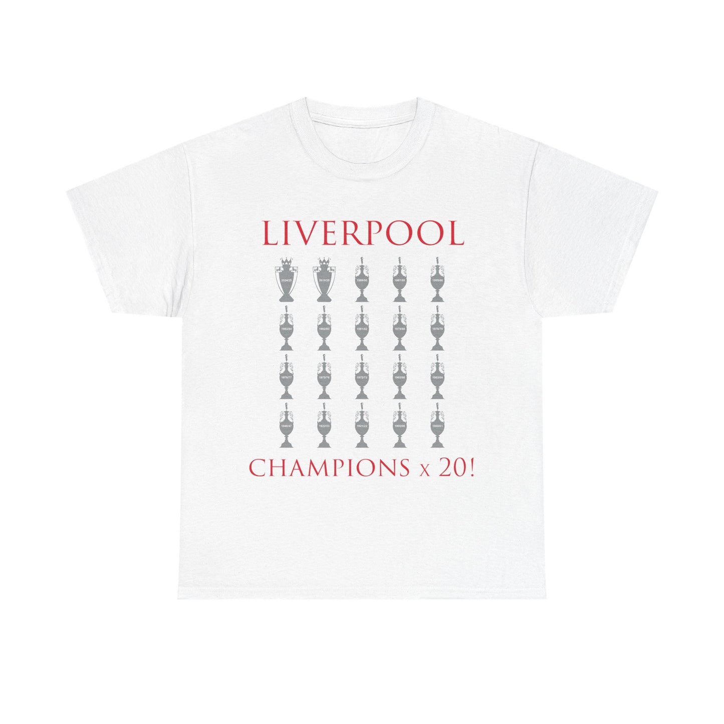 Liverpool 20 Champions Unisex Heavy Cotton T-Shirt - Red/White/Black/Charcoal/Gold