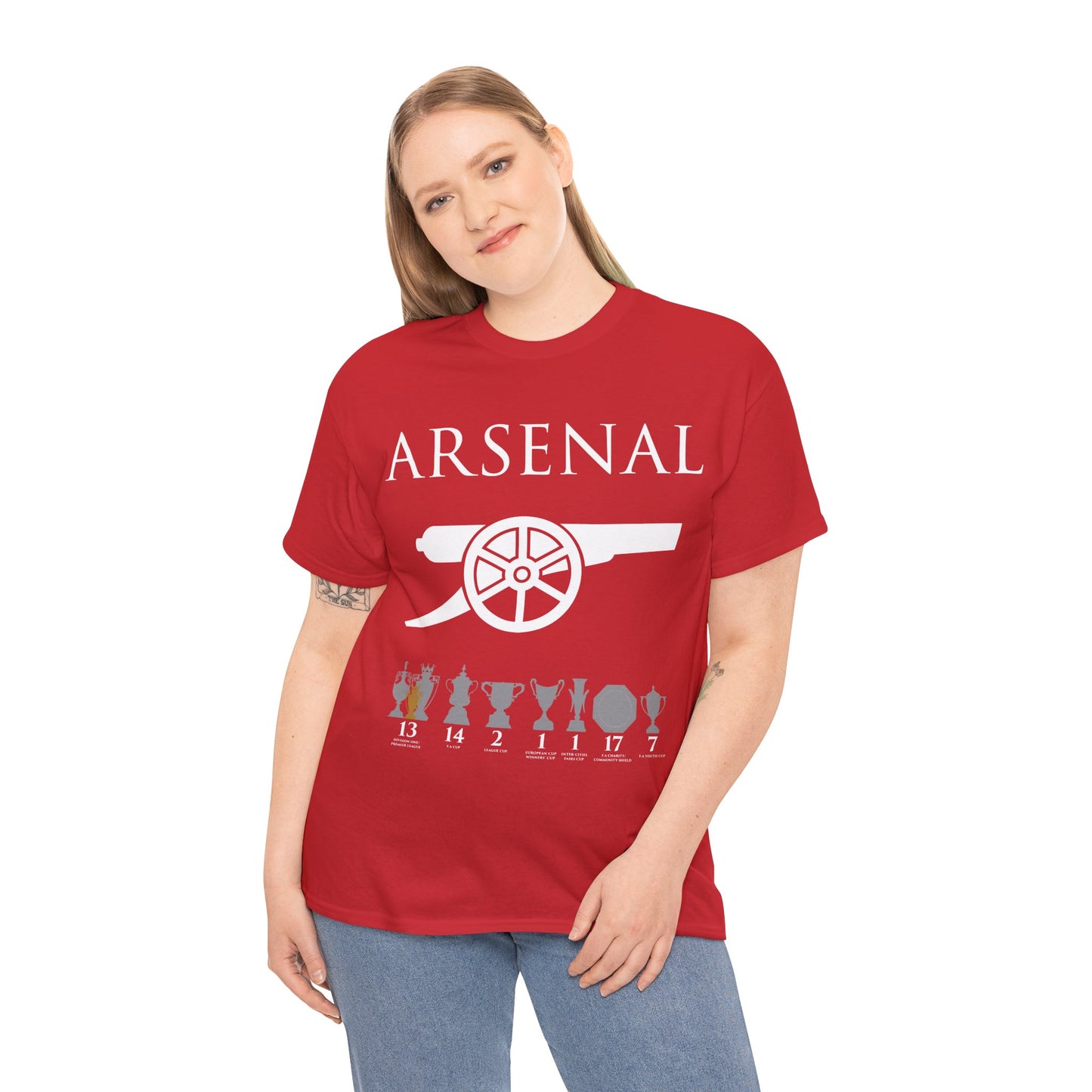 Arsenal Cannon & Trophies Unisex Heavy Cotton T-Shirt - Red/White/Black/Gold/Royal