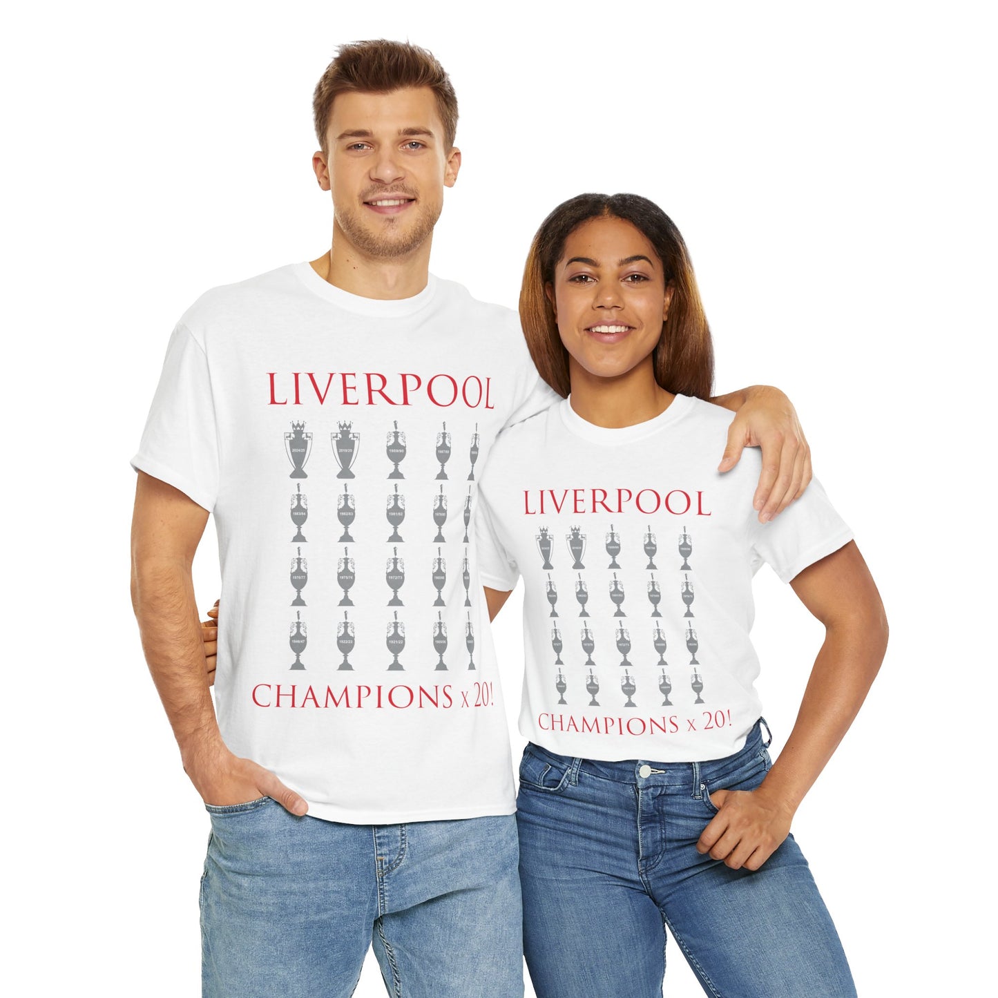 Liverpool 20 Champions Unisex Heavy Cotton T-Shirt - Red/White/Black/Charcoal/Gold