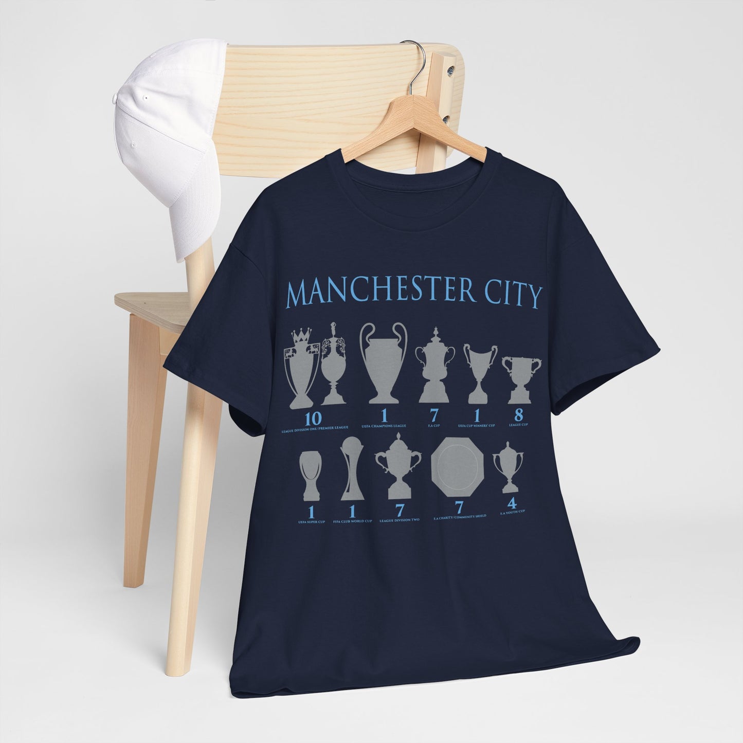 Manchester City Trophies Unisex Heavy Cotton T-Shirt - Light Blue/White/Black/Navy