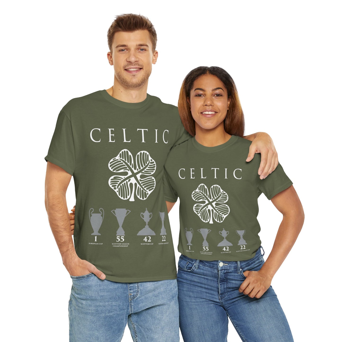 Celtic Clover & Trophies Unisex Heavy Cotton T-Shirt - Irish Green/Black/White/Gold/Sport Grey/Charcoal/Military Green/Forest Green