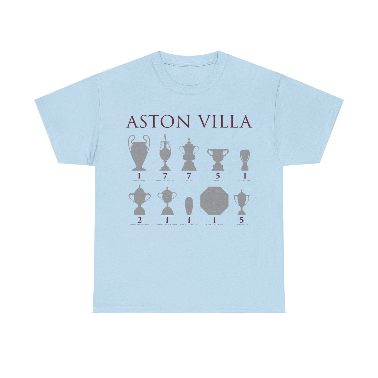 Aston Villa Trophies Unisex Heavy Cotton T-Shirt - Maroon/White/Light Blue
