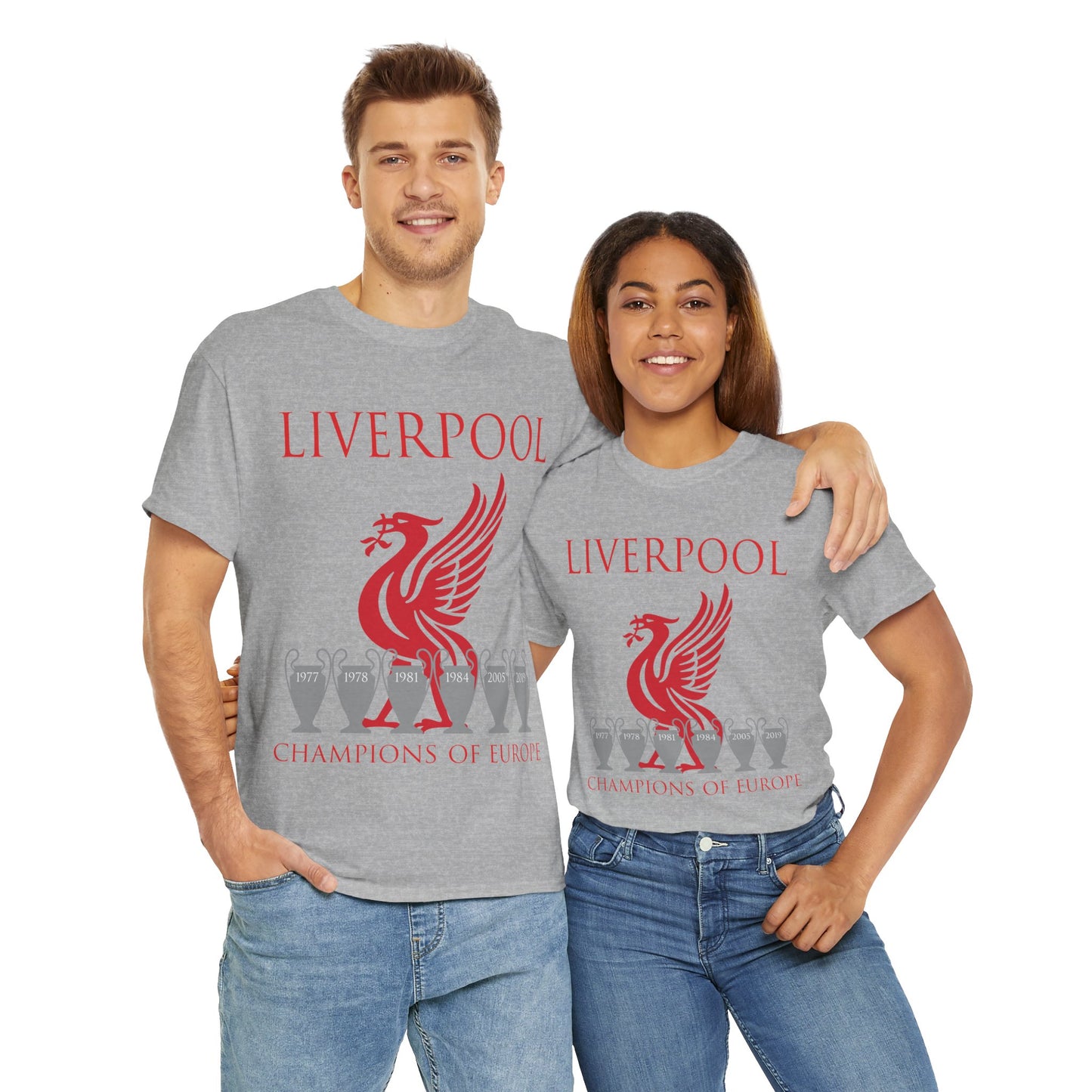 Liverpool Champions of Europe Unisex Heavy Cotton T-Shirt - Red/White/Black/Gold/Sport Grey/Charcoal