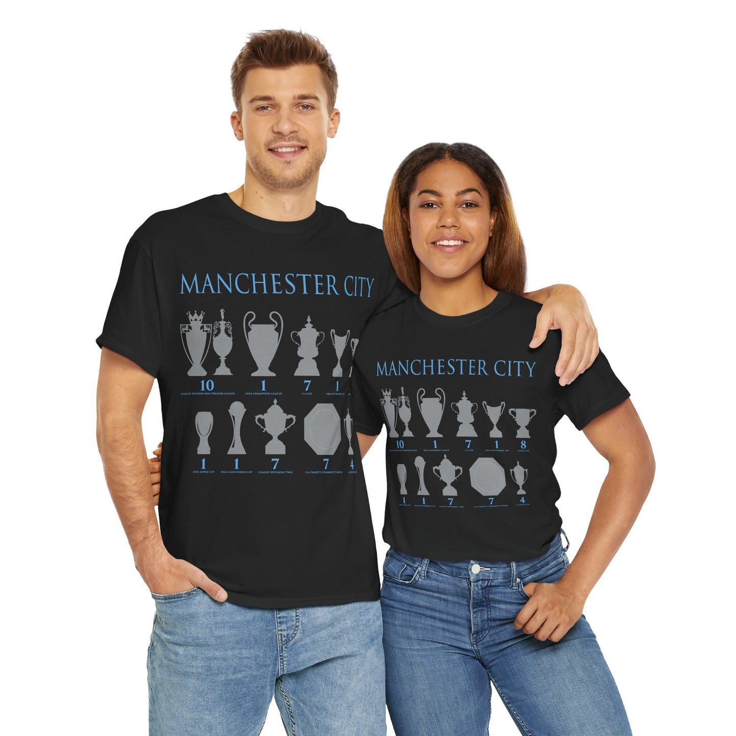Manchester City Trophies Unisex Heavy Cotton T-Shirt - Light Blue/White/Black/Navy