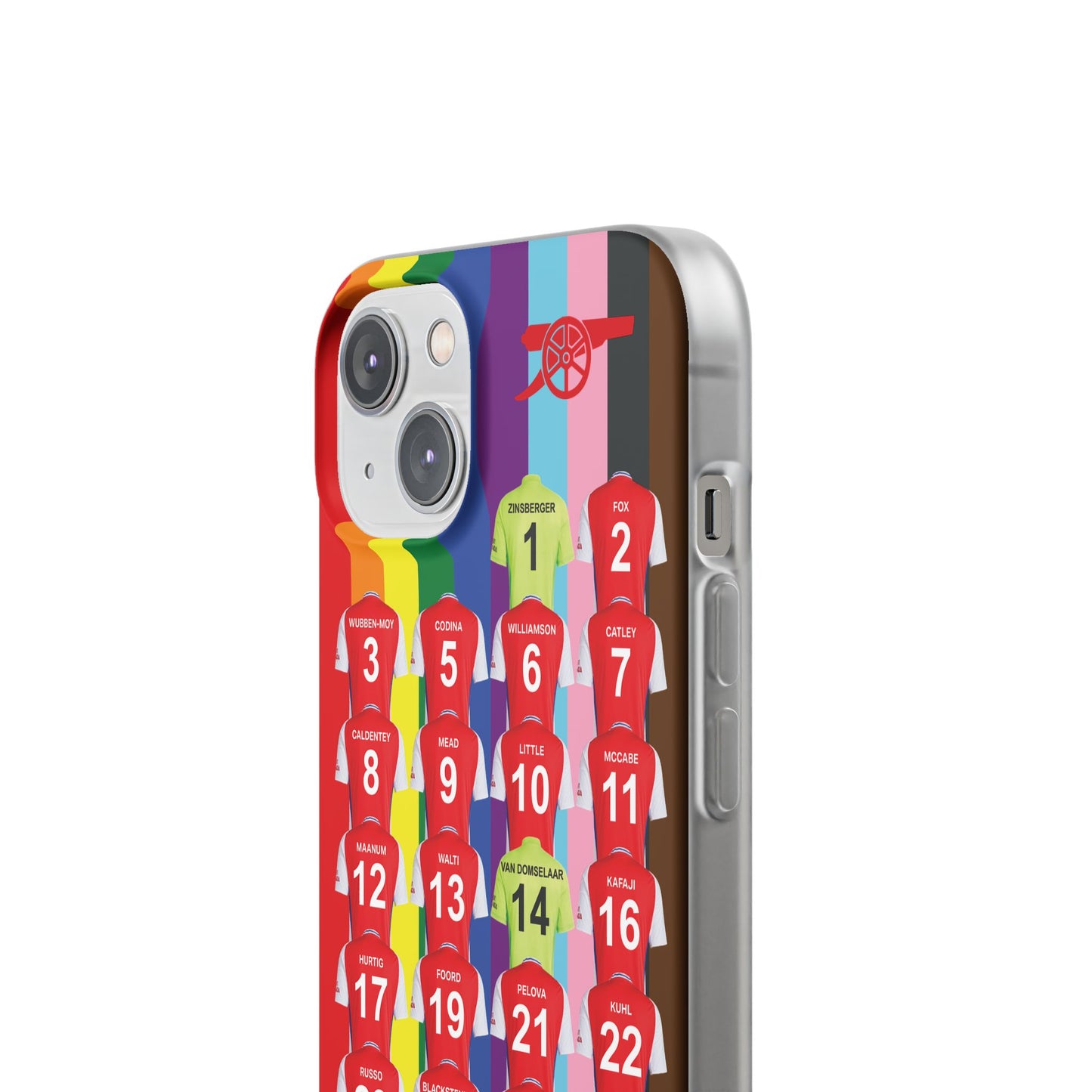 Arsenal Women Home Kit iPhone Flexi Case - iPhone 16, 15, 14, 13, 12, Mini/Plus/Pro/Pro Max - Rainbow