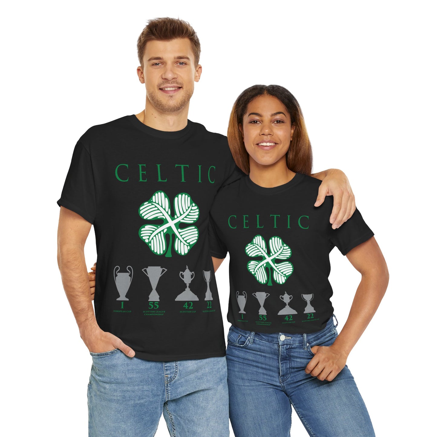 Celtic Clover & Trophies Unisex Heavy Cotton T-Shirt - Irish Green/Black/White/Gold/Sport Grey/Charcoal/Military Green/Forest Green