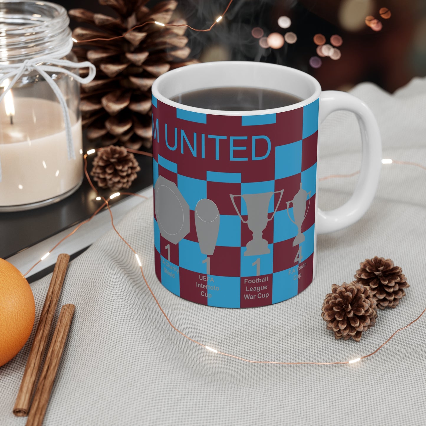 West Ham United Claret & Blue Chequered Trophies Mug - Blue Text