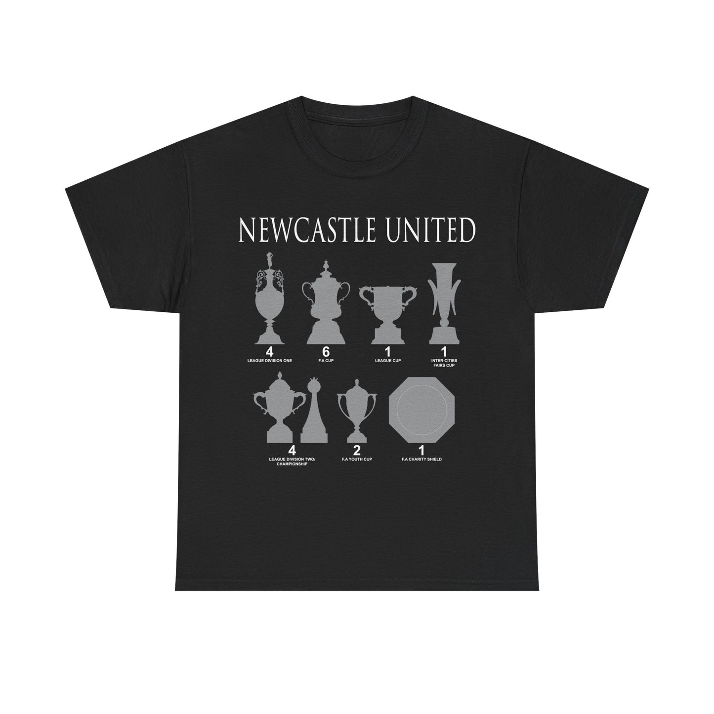 Newcastle United Trophies Unisex Heavy Cotton T-Shirt UPDATED - Black/White/Sport Grey/Charcoal