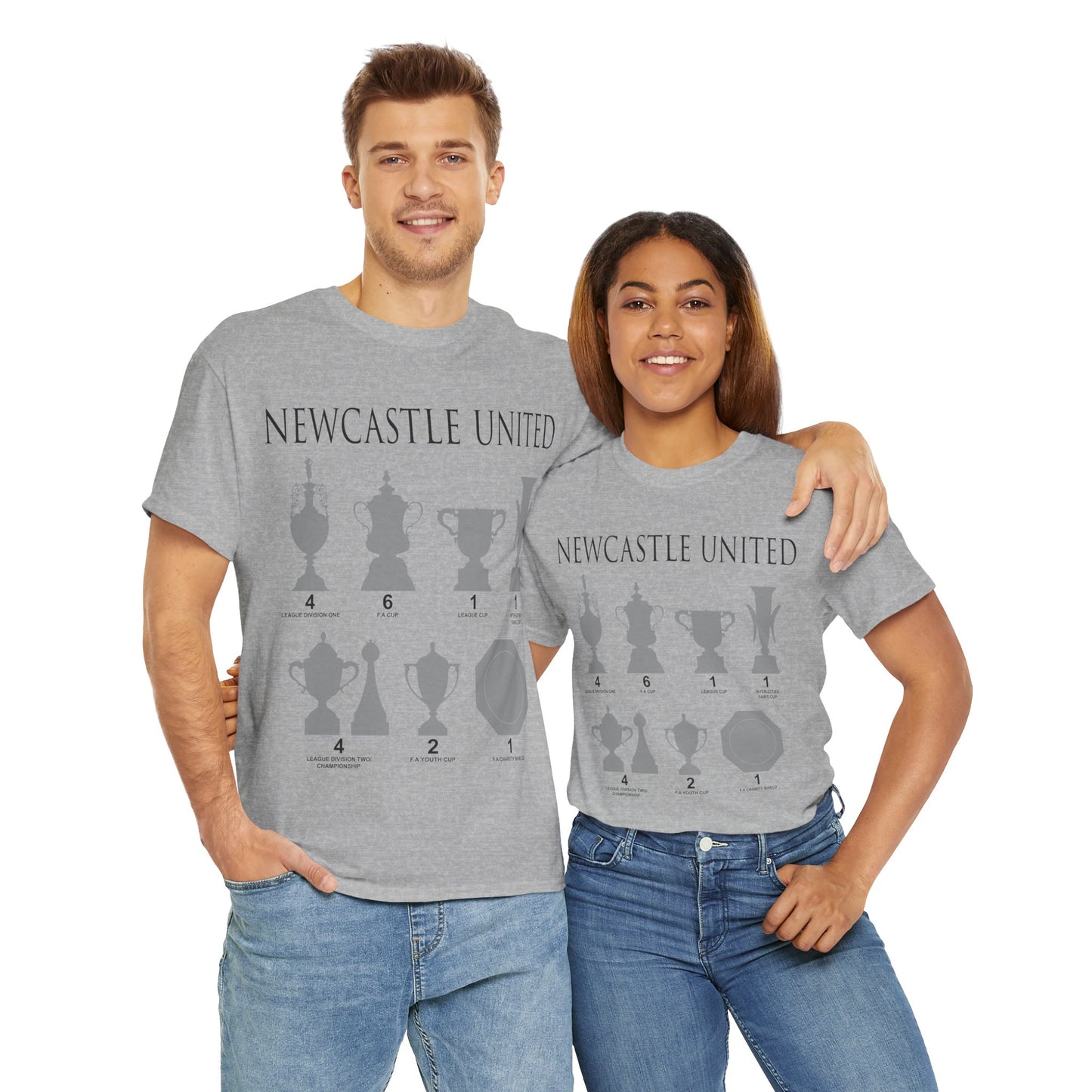 Newcastle United Trophies Unisex Heavy Cotton T-Shirt UPDATED - Black/White/Sport Grey/Charcoal