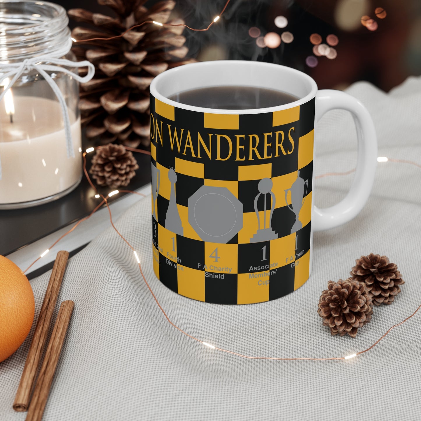 Wolverhampton Wanderers Chequered Trophies Mug - Gold Header Text