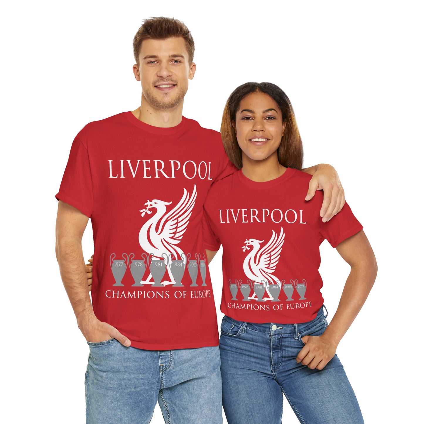 Liverpool Champions of Europe Unisex Heavy Cotton T-Shirt - Red/White/Black/Gold/Sport Grey/Charcoal