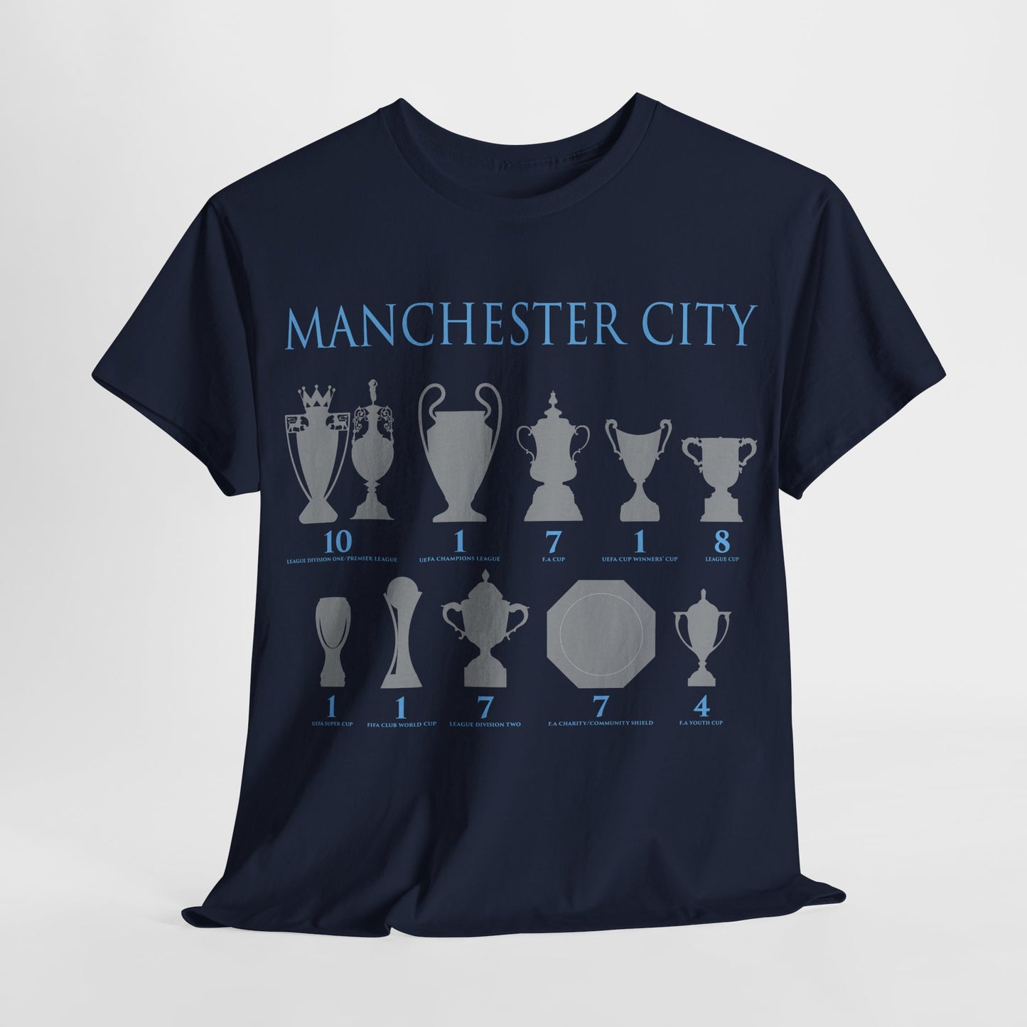 Manchester City Trophies Unisex Heavy Cotton T-Shirt - Light Blue/White/Black/Navy