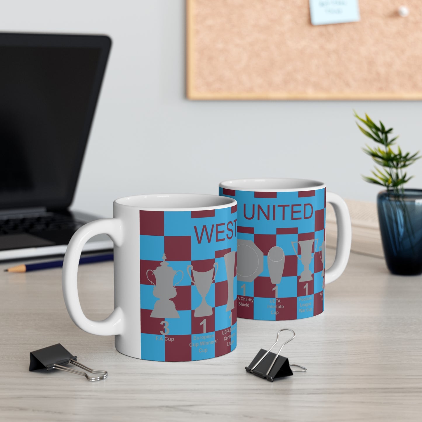 West Ham United Claret & Blue Chequered Trophies Mug - Claret Text