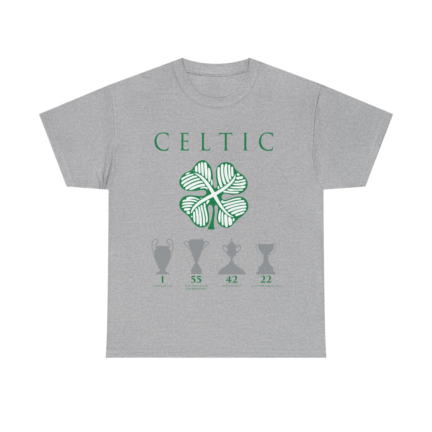 Celtic Clover & Trophies Unisex Heavy Cotton T-Shirt - Irish Green/Black/White/Gold/Sport Grey/Charcoal/Military Green/Forest Green