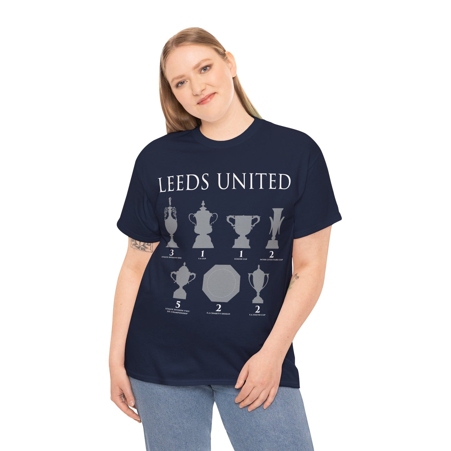 Leeds United Trophies Unisex Heavy Cotton T-Shirt - White/Black/Gold/Royal/Navy